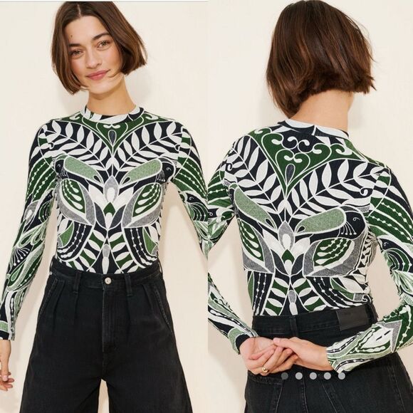 Farm Rio Printed Long-Sleeve Ribbed Bodysuit Green Black | Large - Picture 2 of 14